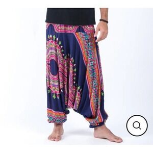 Boho Hippie Harem Pants Unisex One Size Blue Colorful Drop Crotch Dashiki Yoga